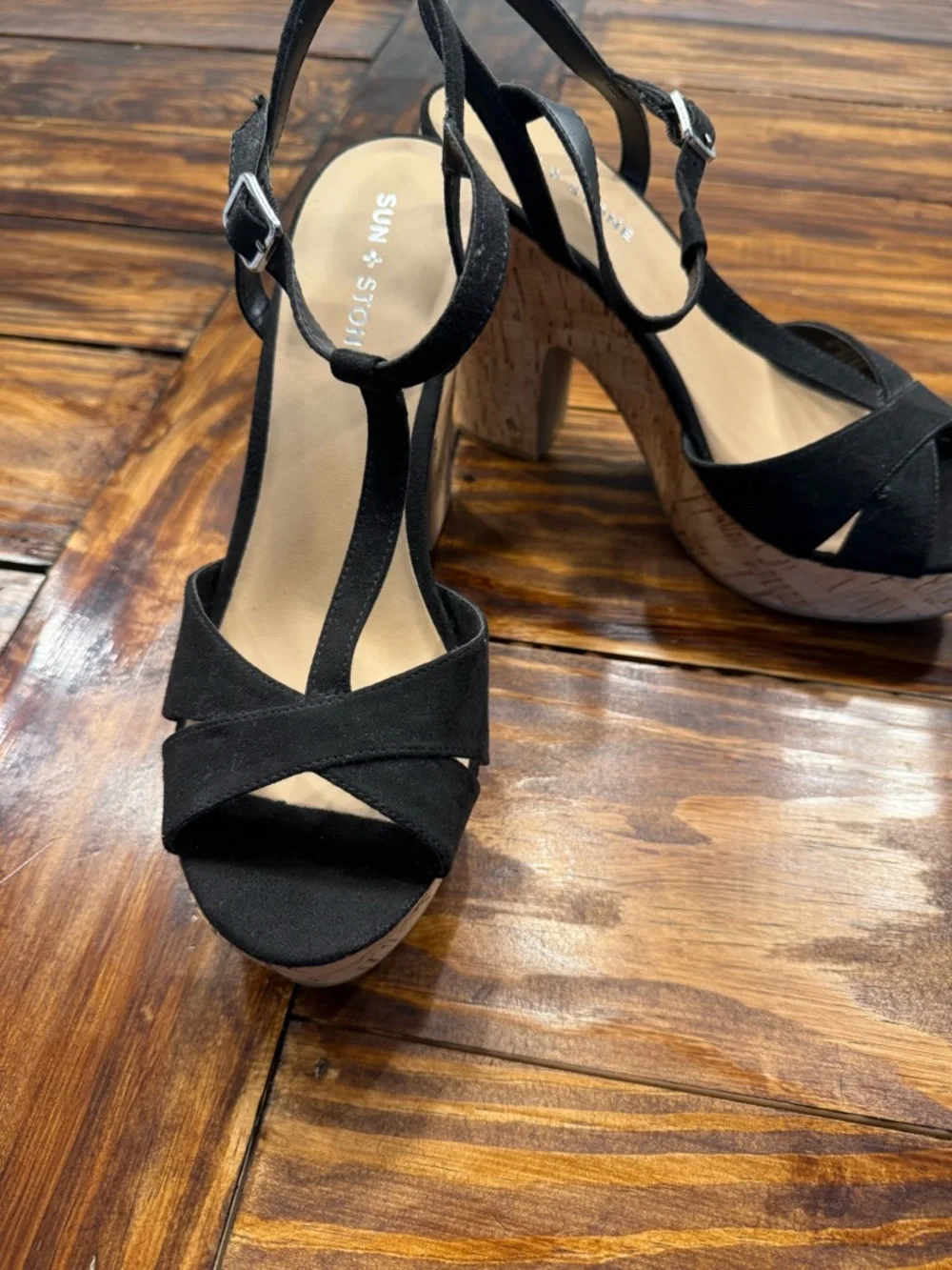 Sun + Stone Black Cork Platform Heeled Sandals 10